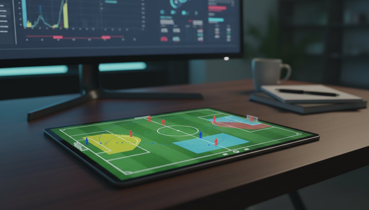 Tactique de football analysee sur un tableau de bord numerique avec carte du terrain