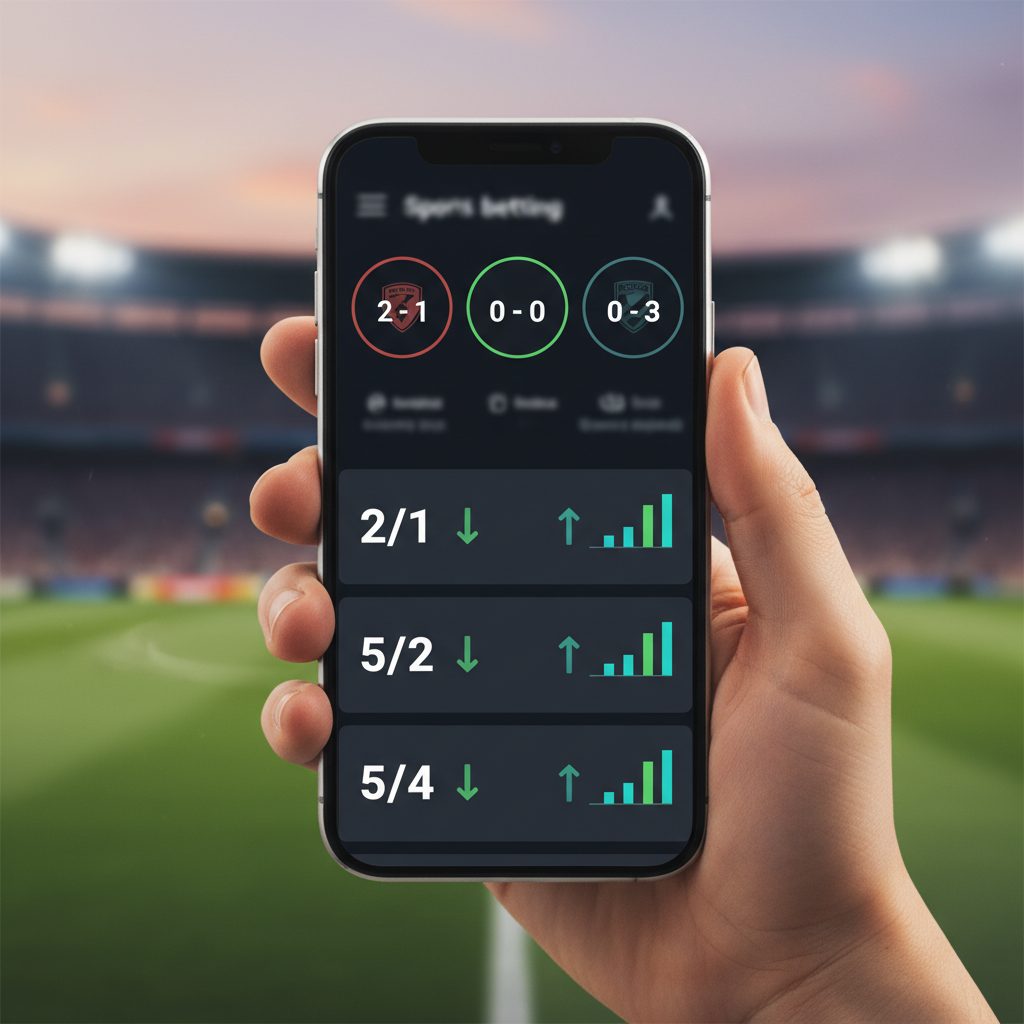 Smartphone affichant une application de paris sportifs devant un stade de football