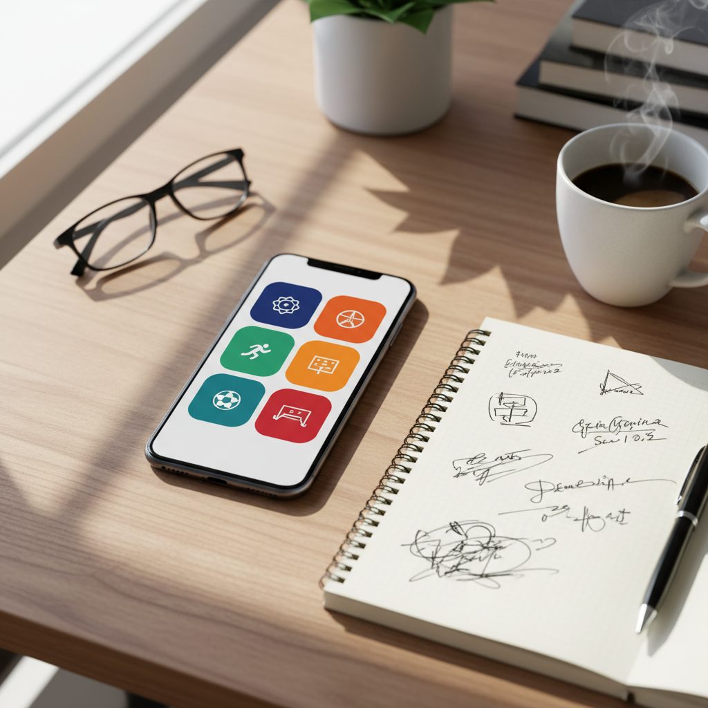 Smartphone affichant une interface d'application sportive posé sur un bureau
