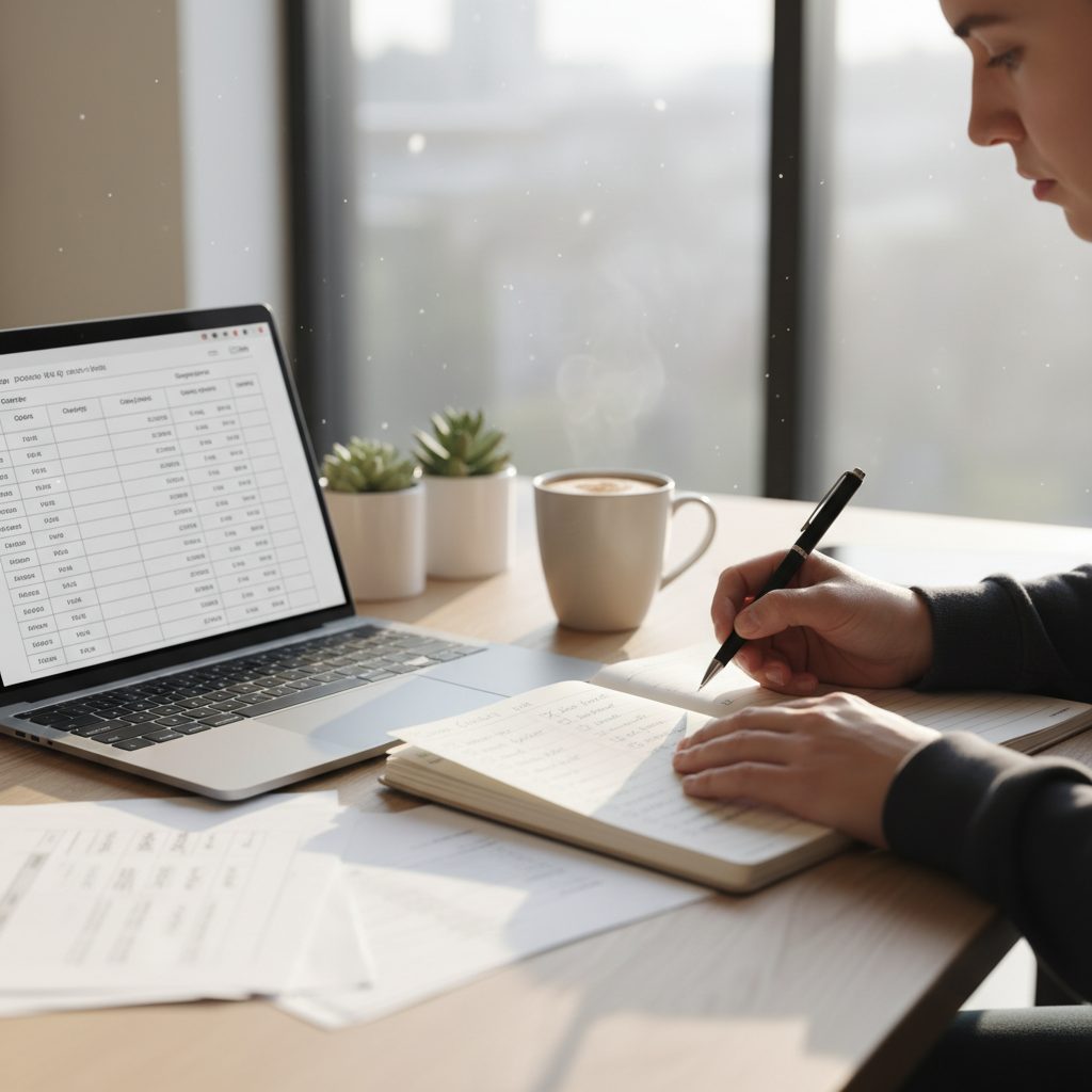 Personne comparant des options sur un ordinateur et une liste de critères