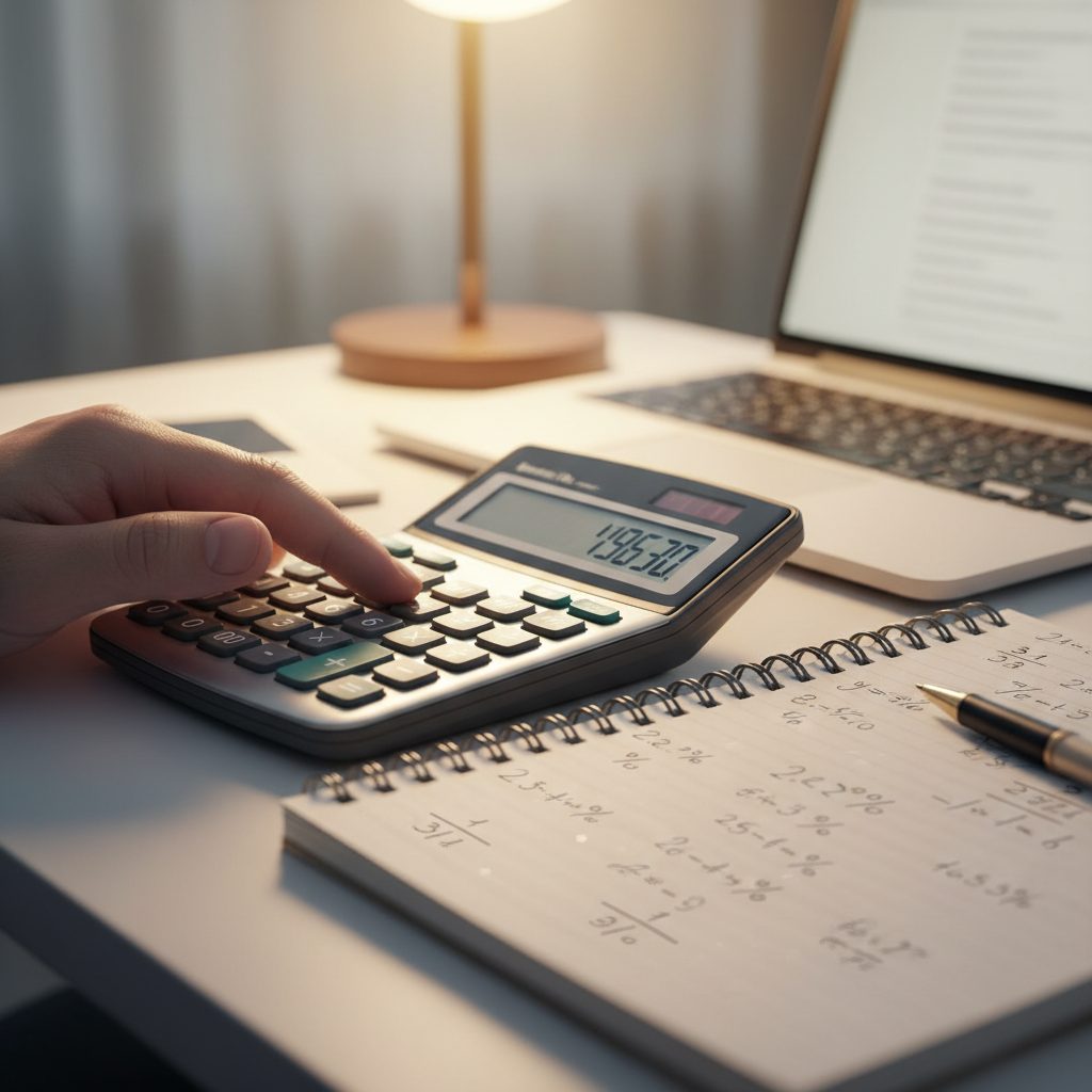 Calculs de marge et de probabilités sur un carnet à côté d'une calculatrice