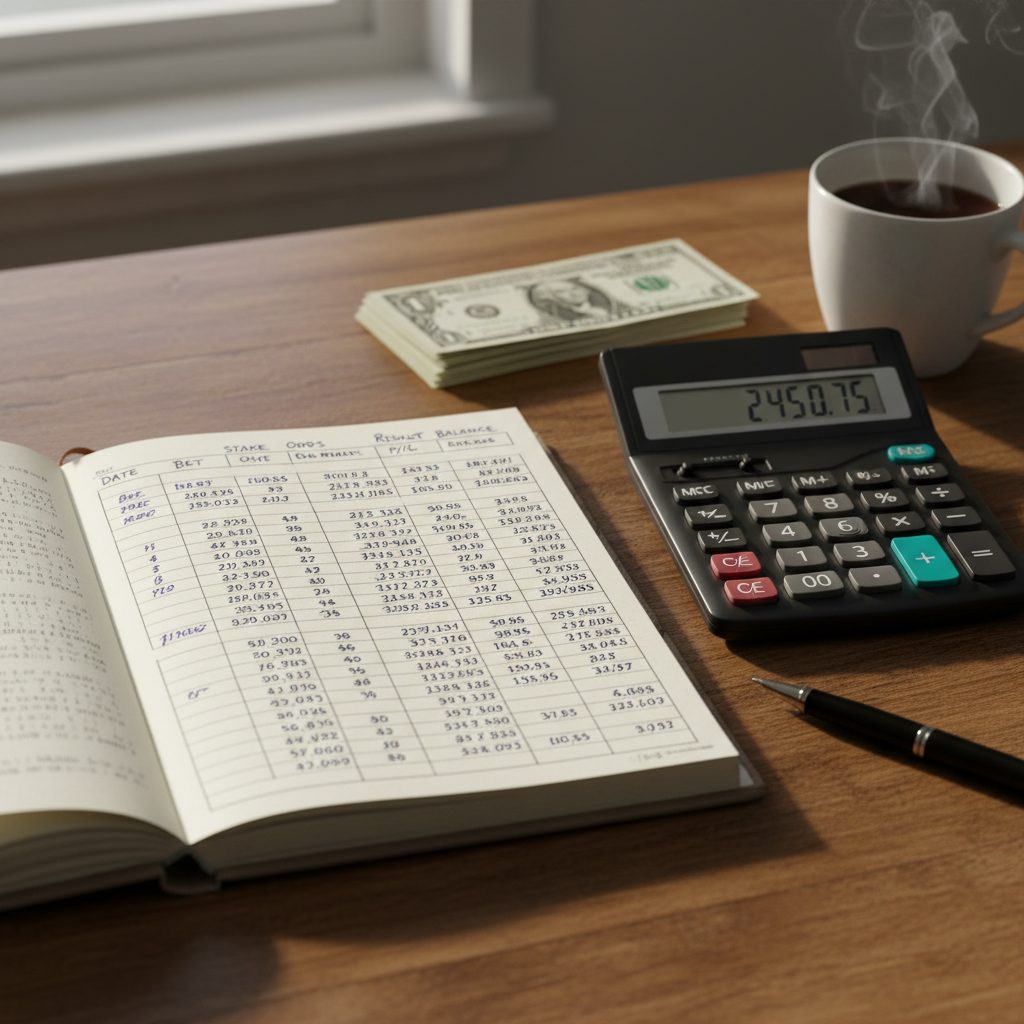 Carnet de suivi de bankroll avec calculatrice sur un bureau