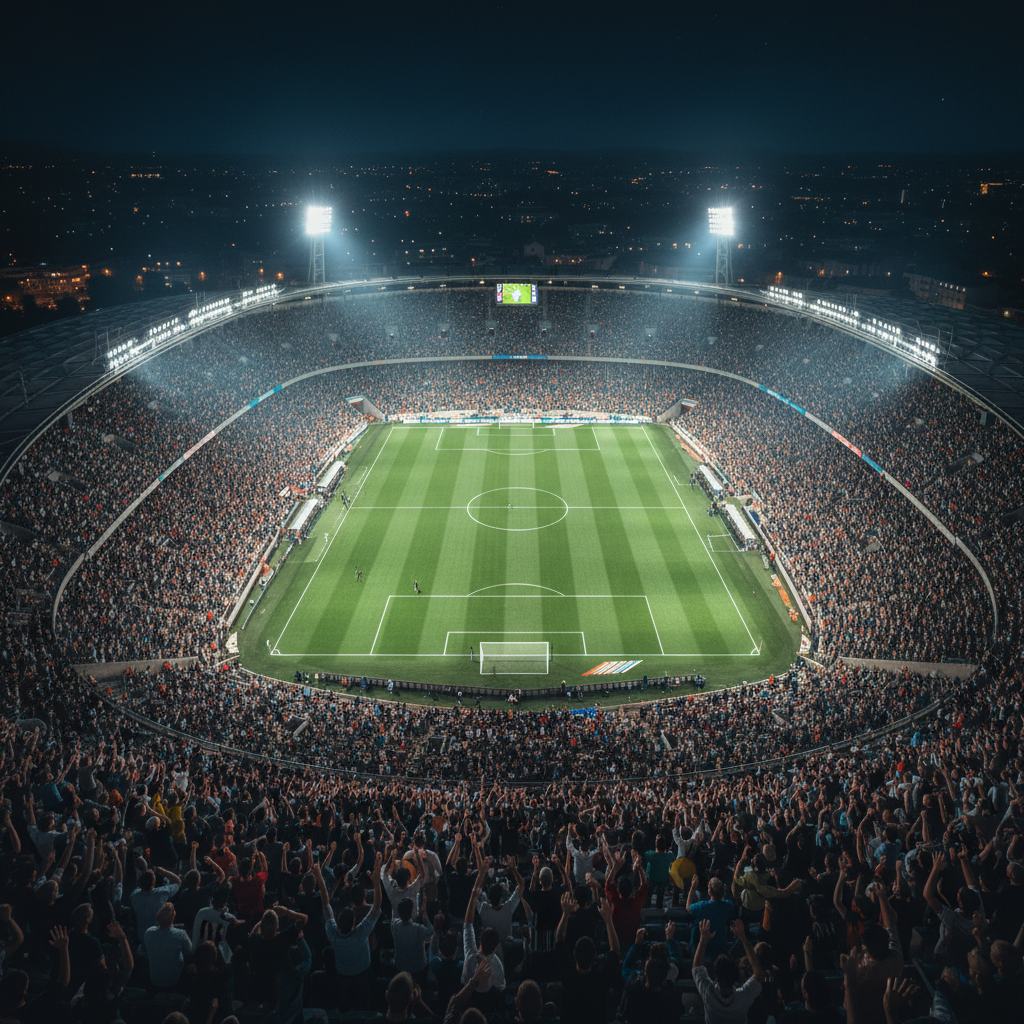 Stade de football européen illuminé la nuit, ambiance de Ligue des Champions