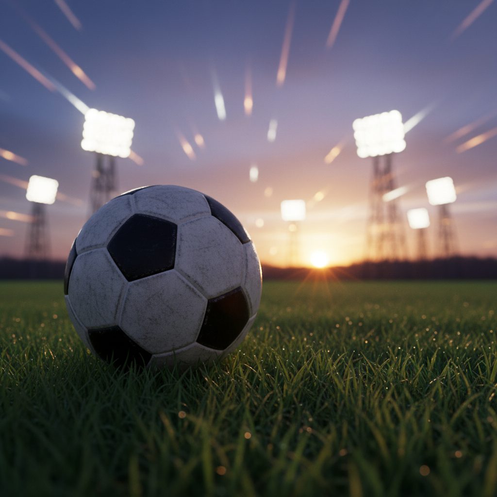 Ballon de football sur la pelouse d'un stade au crépuscule