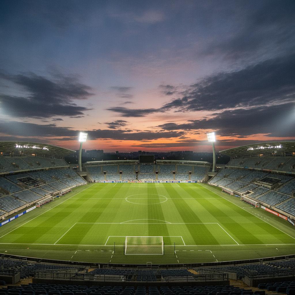 Stade de football au crépuscule avant un match faisant l'objet de pronostics