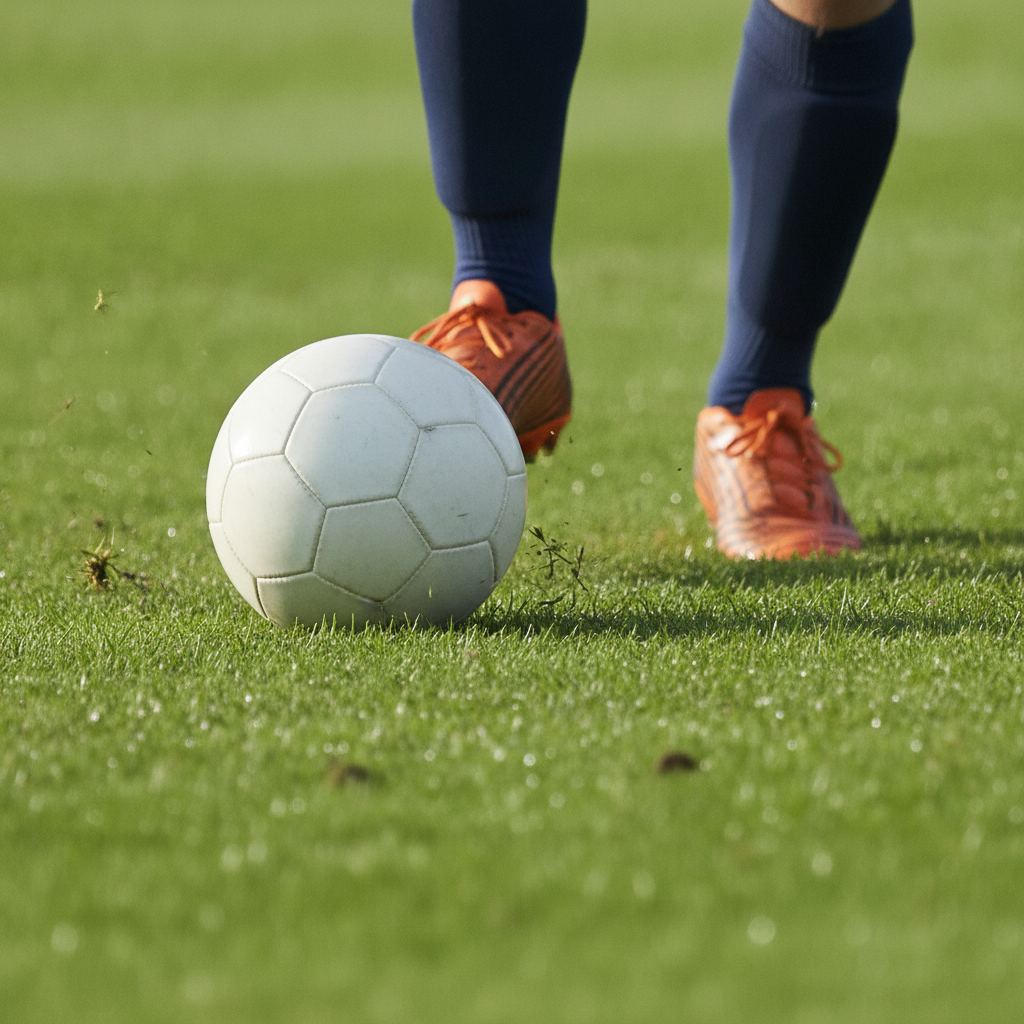 joueur de football dribblant le ballon sur la pelouse
