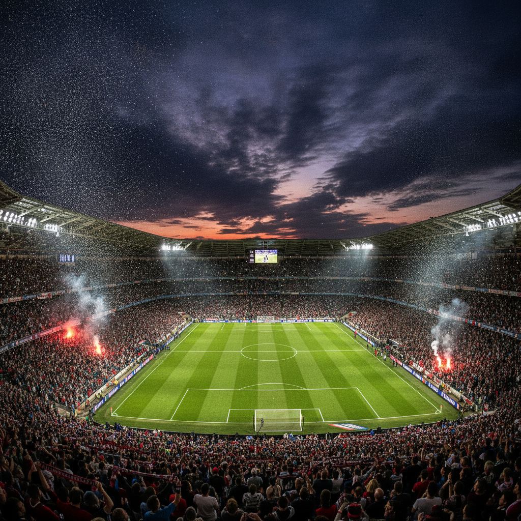 stade de football sous les projecteurs pour matchs de pronostic