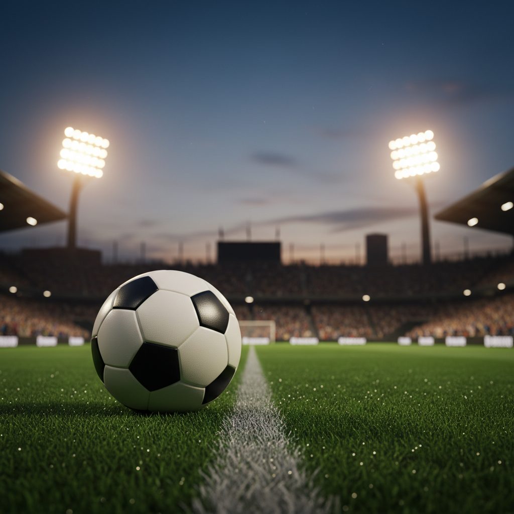 Ballon de football sur la pelouse d'un stade au crépuscule