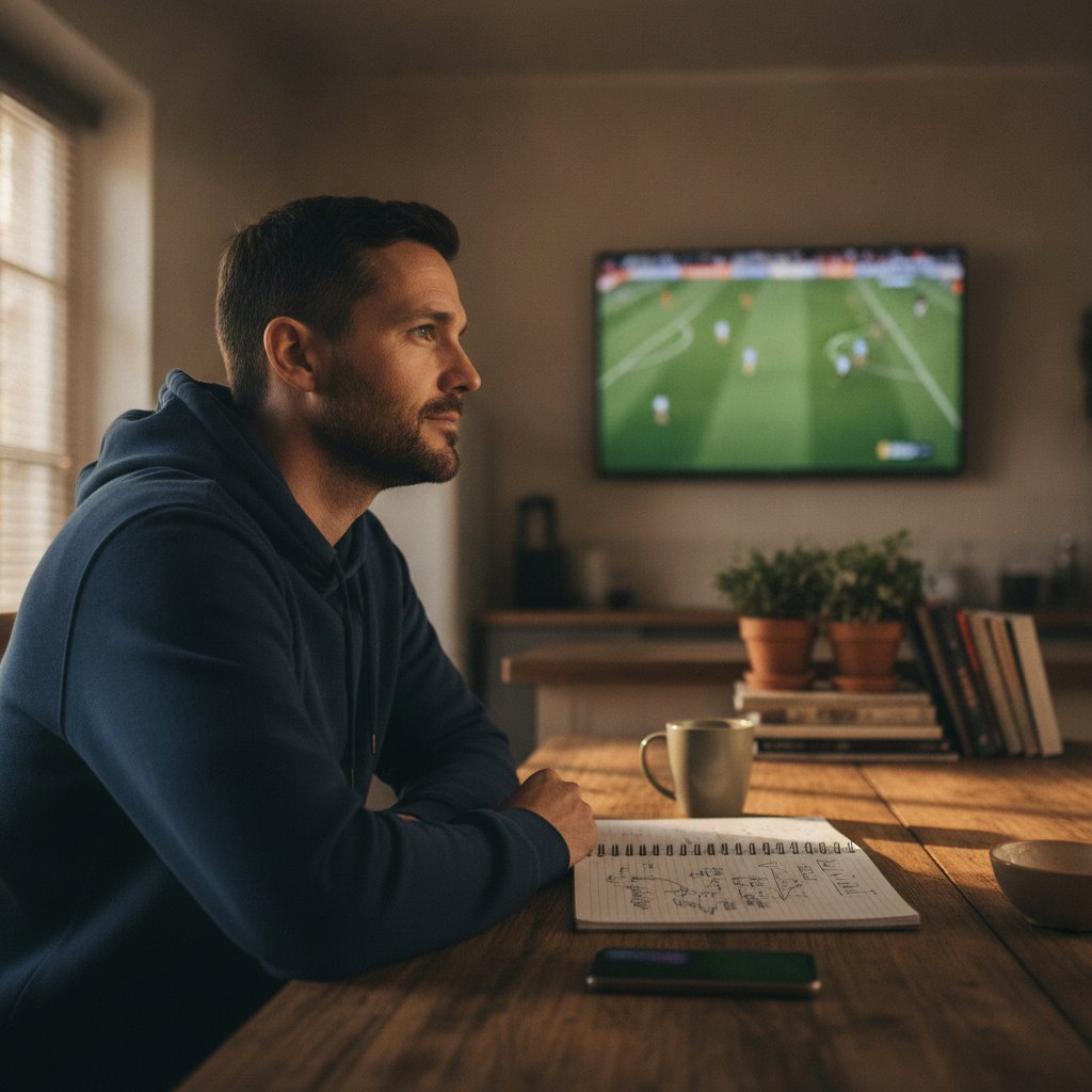 Parieur analysant un match de football depuis son salon avec un carnet de notes