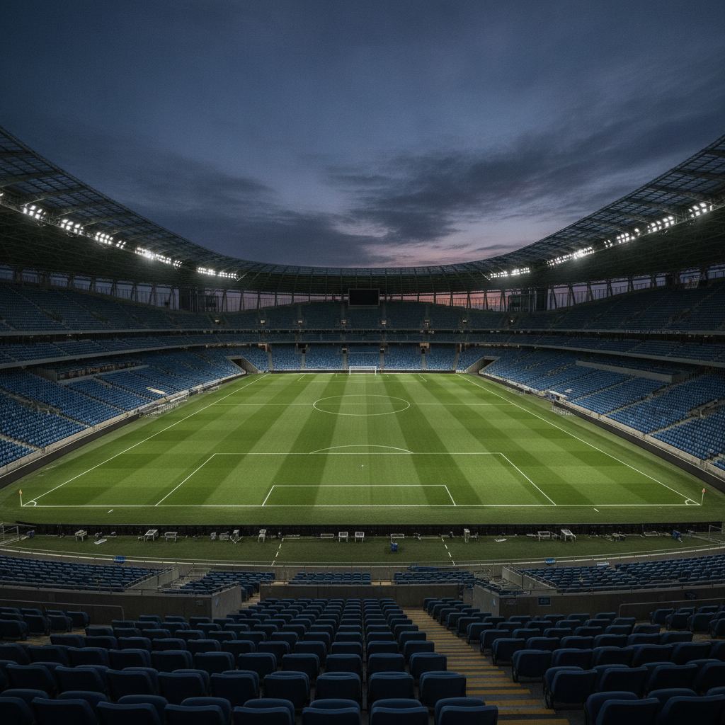 Stade de football moderne vide au crépuscule sous les projecteurs