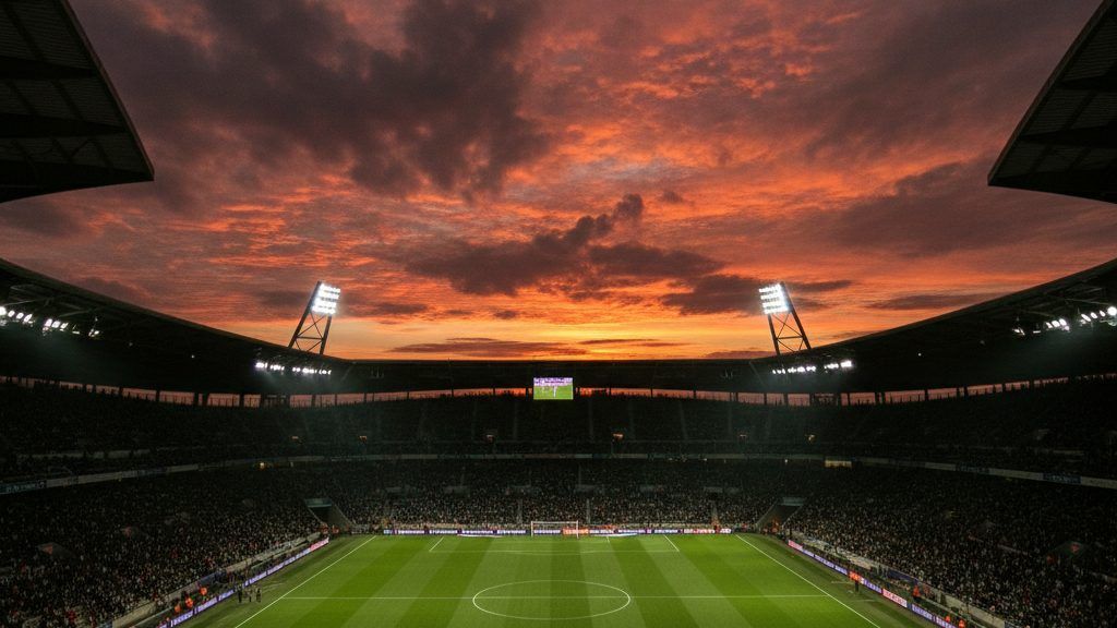 Stade de football au crépuscule, contexte d'un pronostic foot gratuit