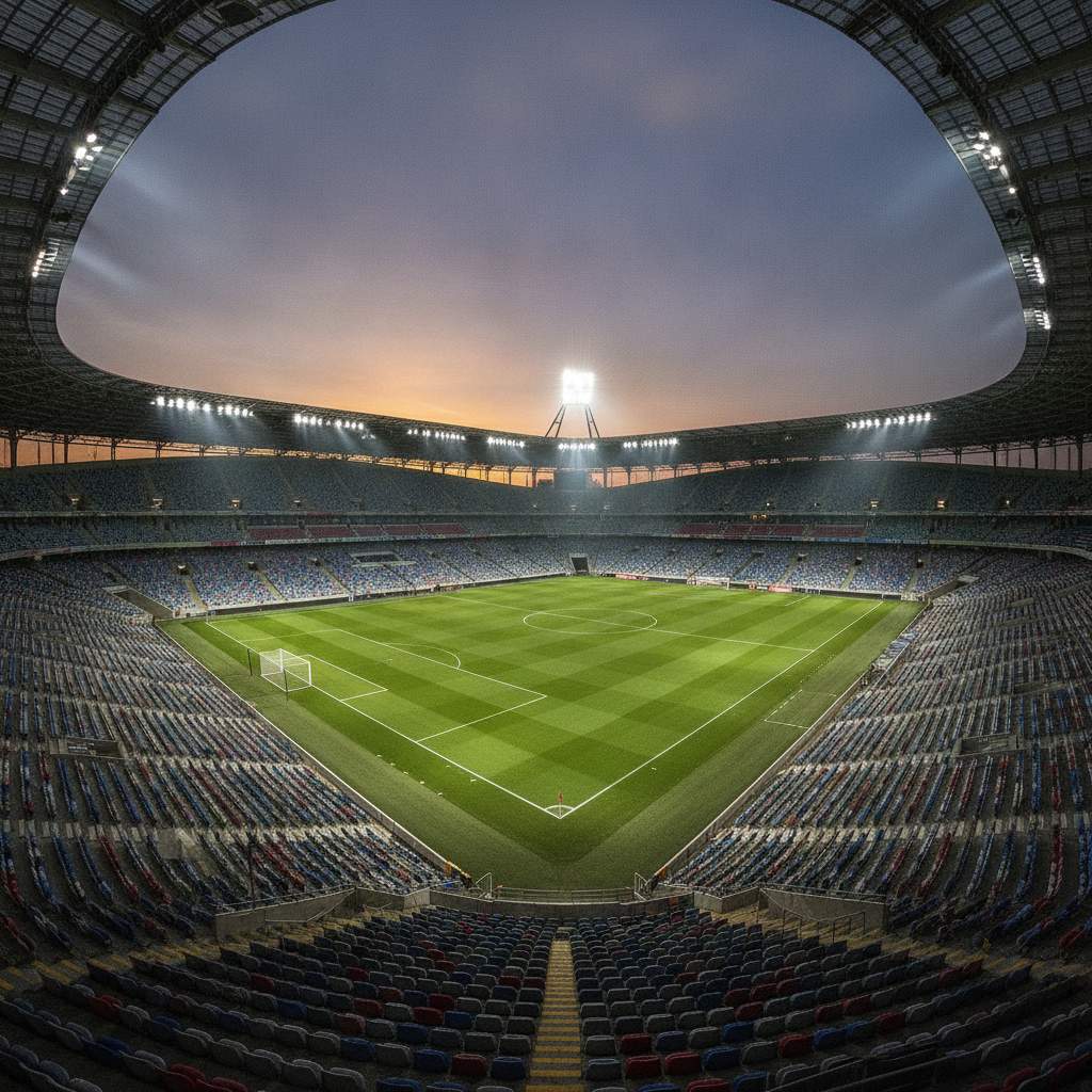 Stade de football Ligue 1 en soirée sous les projecteurs