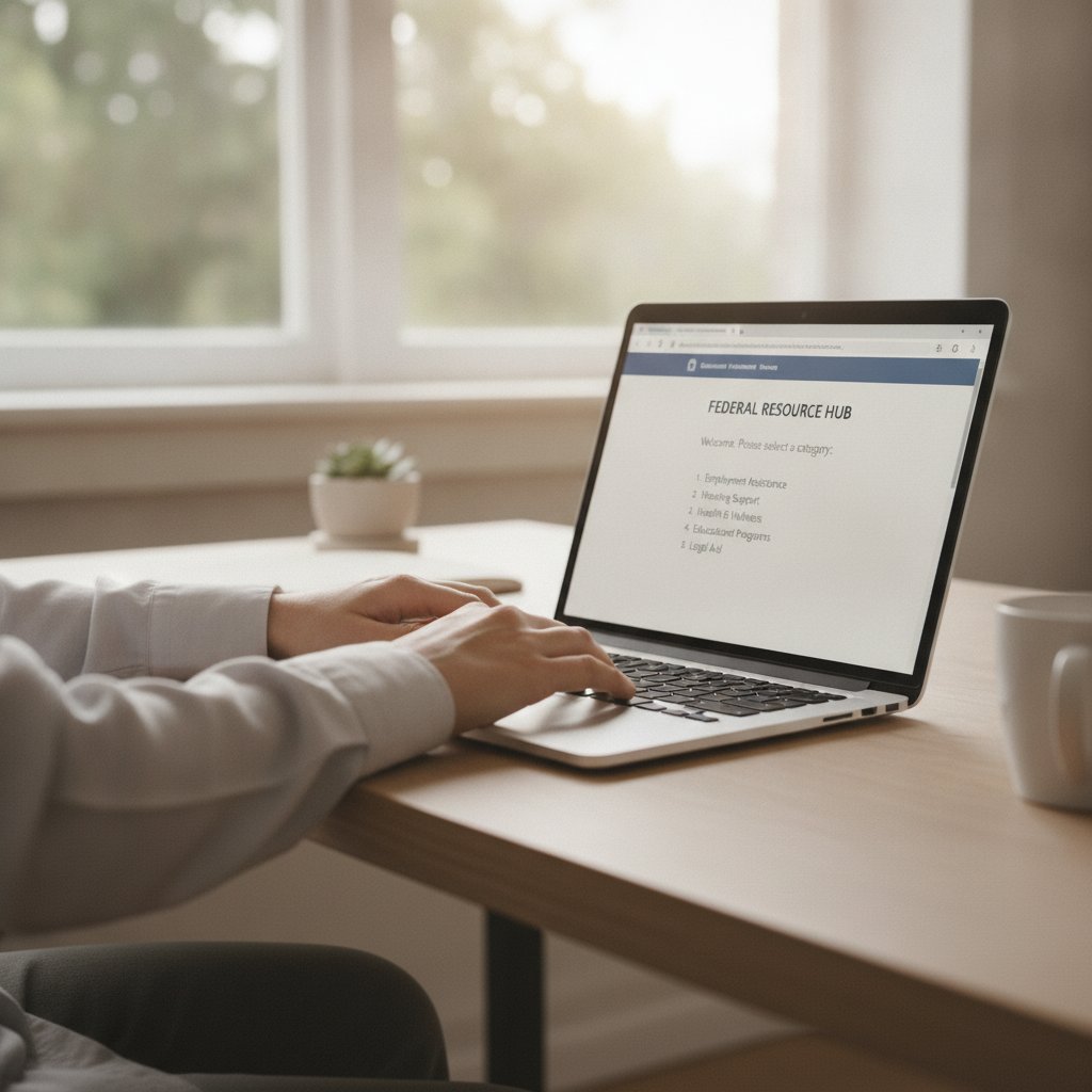 Personne consultant un site officiel de régulation sur un ordinateur portable dans un bureau sobre