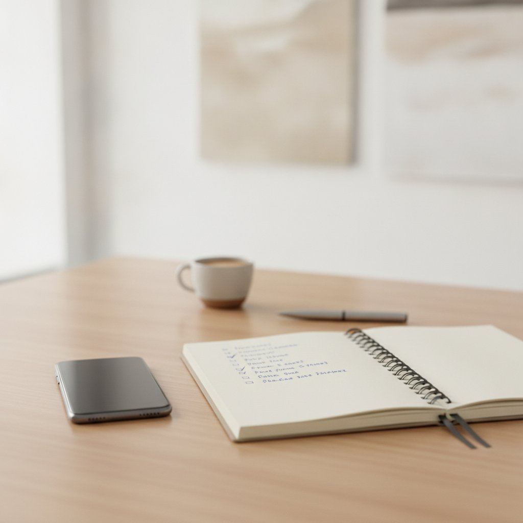 Carnet de notes et smartphone posés sur un bureau avec une checklist manuscrite de vérification