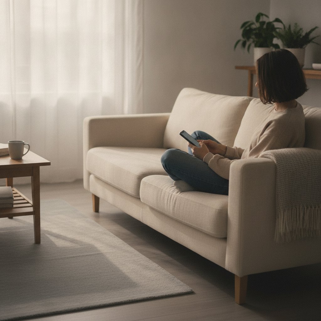 Personne assise calmement chez elle, tenant un smartphone, ambiance sobre et apaisée
