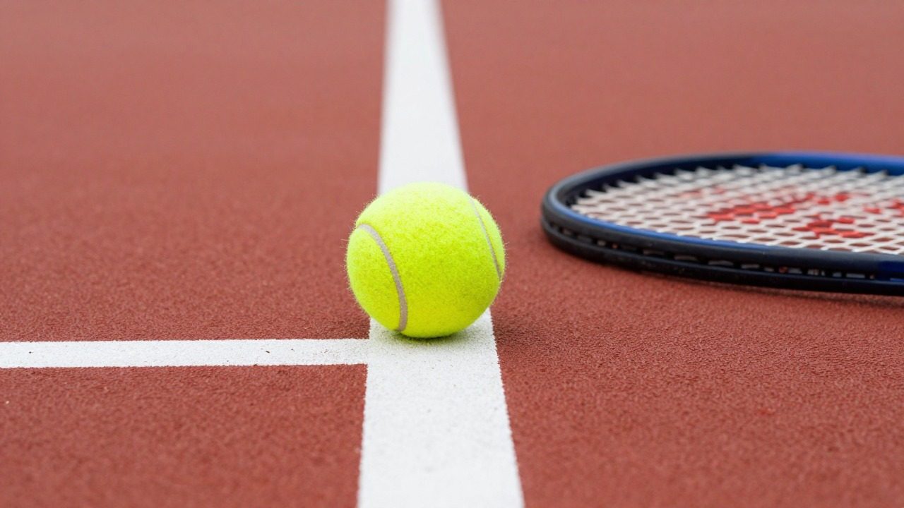 Balle de tennis et raquette sur la terre battue, surface clé du pari tennis