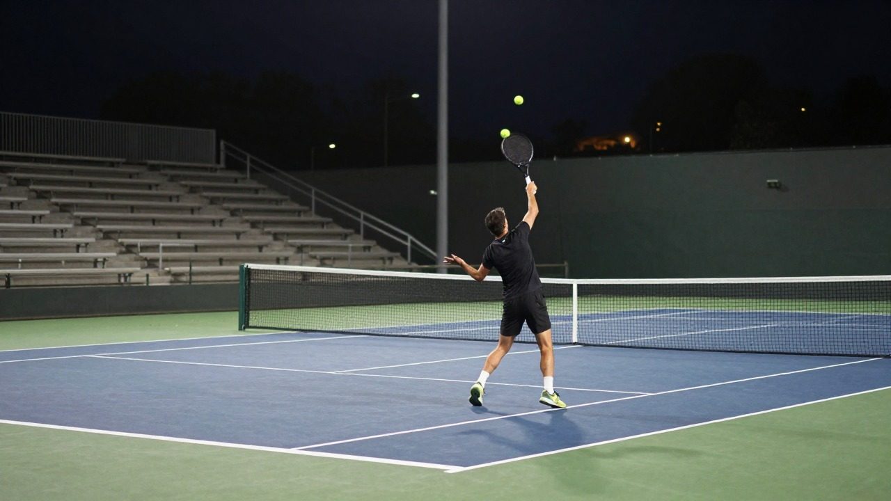 Pari tennis en live : joueur à la volée lors d'un match nocturne sur dur
